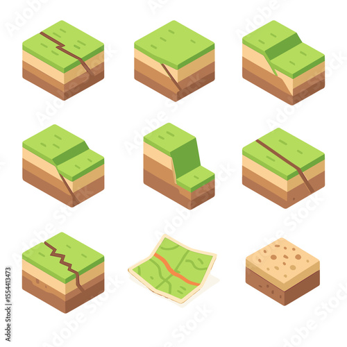 Fault Type Icon Set. Isometric Flat icon set of fault types and structures: strike-slip fault, normal fault, reverse fault, thrust