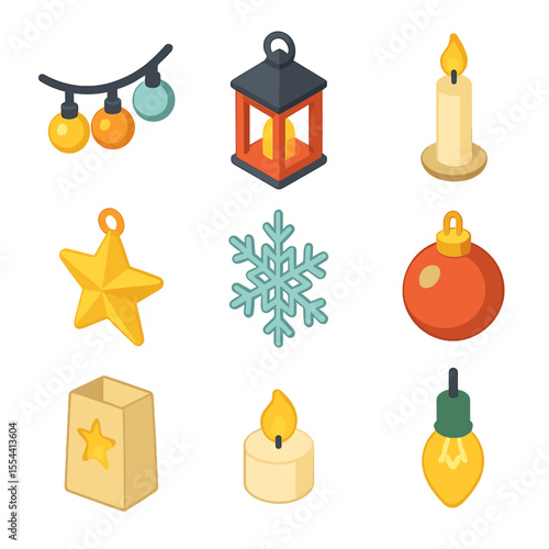 Festive Lighting Icons. Isometric Flat icon set of festive lighting and ornaments: string lights, lantern, candle, star ornament,