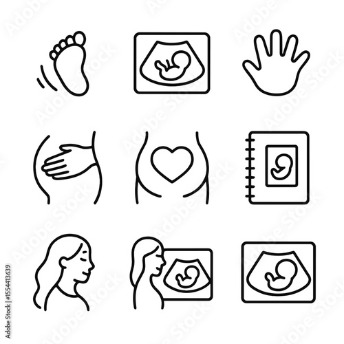 Fetal Movement Icon Set. Outline icon set of fetal movement and bonding: kicking foot silhouette, ultrasound image, fetal hand
