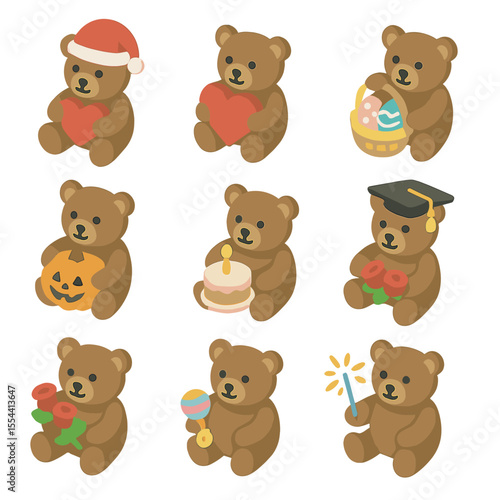 Festive Teddy Bear Icons. Isometric Flat icon set of teddy bear holiday celebrations: Christmas bear with Santa hat, Valentine
