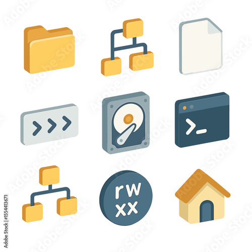 File System Icons. Isometric Flat icon set of file system root directory: root folder, subfolder tree, file icon, path bar, hard
