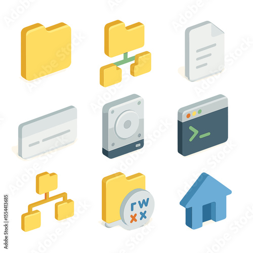 File System Icons. Isometric Flat icon set of file system root directory: root folder, subfolder tree, file icon, path bar, hard