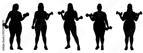 Set of five silhouettes of a plus-size woman lifting dumbbells on a transparent background