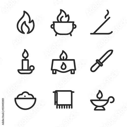 Fire Ritual Icons. Outline icon set of Fire Offering Rituals: flame, cauldron, incense stick, candle holder, altar table,