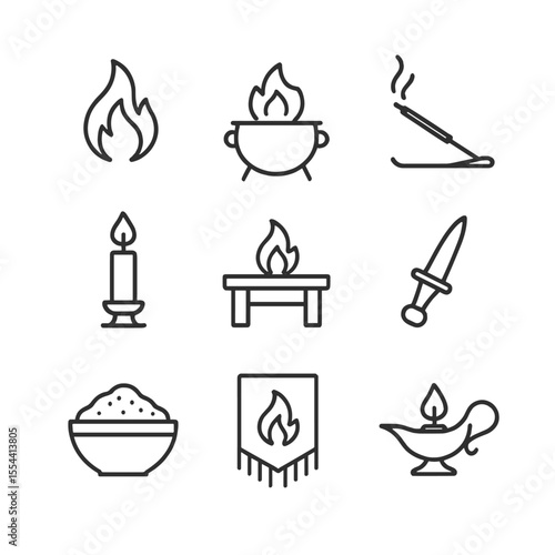 Fire Ritual Icons. Outline icon set of Fire Offering Rituals: flame, cauldron, incense stick, candle holder, altar table,