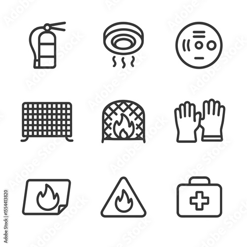 Fireplace Safety Icons Set. Outline icon set of Fireplace Safety Features: fire extinguisher, smoke alarm, carbon monoxide
