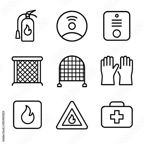 Fireplace Safety Icons Set. Outline icon set of Fireplace Safety Features: fire extinguisher, smoke alarm, carbon monoxide