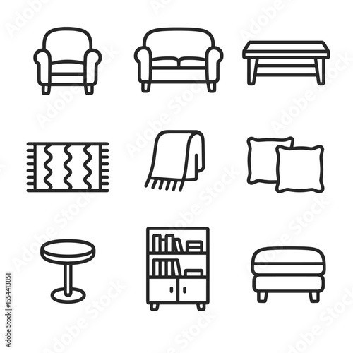 Fireplace Seating Icons. Outline icon set of fireplace seating area: armchair, loveseat, coffee table, rug, throw blanket, pillows