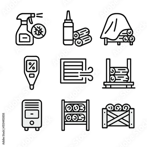 Firewood Storage Icons. Outline icon set of firewood storage maintenance: pest control spray, sealant can, cover cloth, moisture