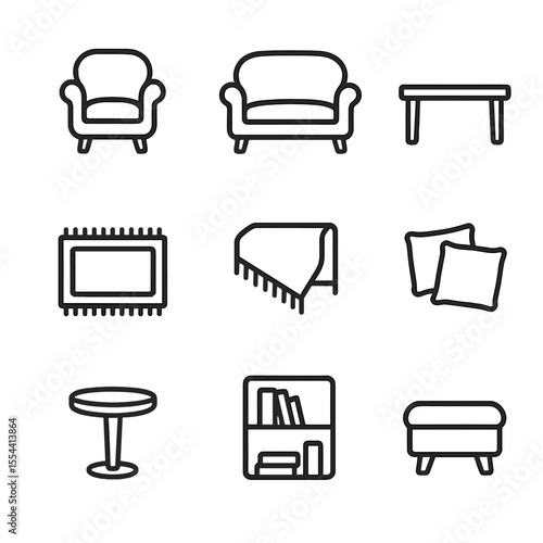 Fireplace Seating Icons. Outline icon set of fireplace seating area: armchair, loveseat, coffee table, rug, throw blanket, pillows