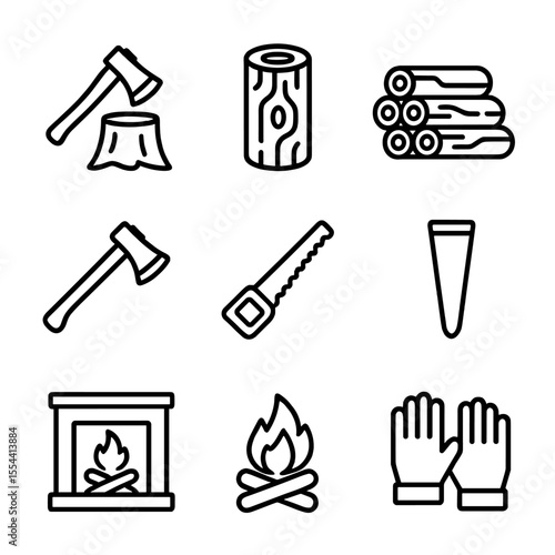 Firewood Icons Set. Outline icon set of Firewood chopping: axe, chopping block, log, woodpile, splitting maul, saw, wood splitting