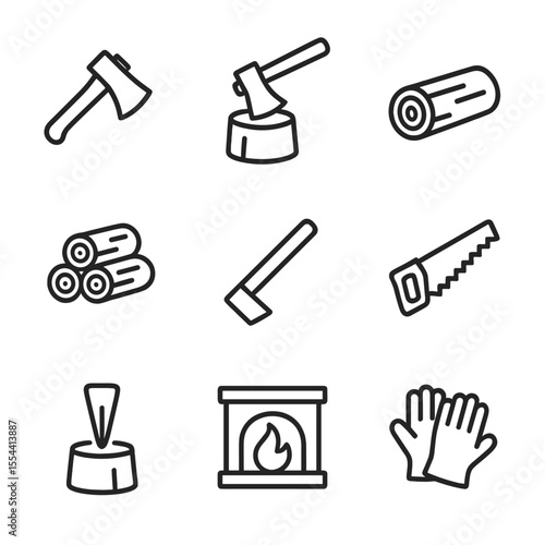 Firewood Icons Set. Outline icon set of Firewood chopping: axe, chopping block, log, woodpile, splitting maul, saw, wood splitting