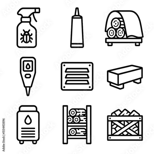 Firewood Storage Icons. Outline icon set of firewood storage maintenance: pest control spray, sealant can, cover cloth, moisture