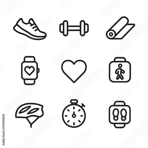 Fitness Icon Set. Outline icon set of physical activity and exercise tracking: running shoe, dumbbell, yoga mat, smartwatch
