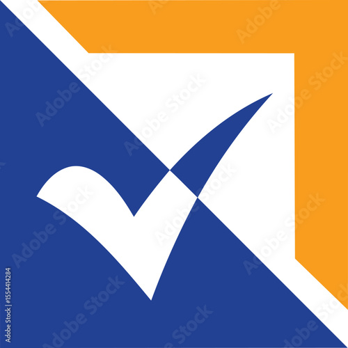Abstract check mark logo design in a square with blue and orange colors