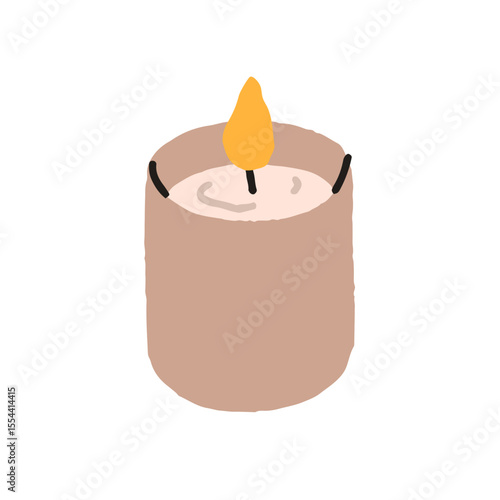 Candle light with warm glow, flame, fire. Wax accessory for home, spa, romantic decoration. Festive holiday decor, cozy minimalist candlelight. Flat vector illustration isolated on white background