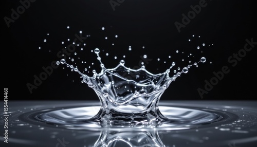 The perfect water splash in high-definition detail, creating a crown-like shape, captured in perfect clarity against a dark backdrop