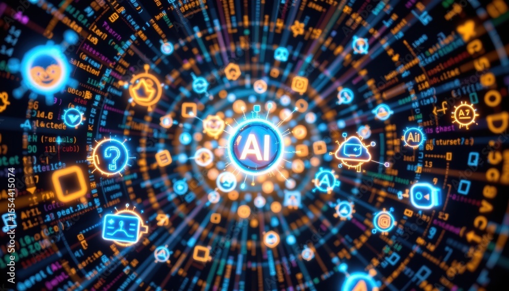 Obraz premium An abstract visualization of AI technology with glowing digital icons. The image represents the complexity and interconnectedness of artificial intelligence
