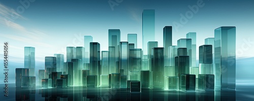 Abstract Glass Cityscape, Teal Gradient Fog, Modern Architecture Concept