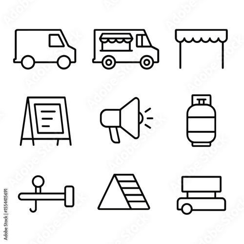 Food Truck Icons. Outline icon set of mobile food trucks: truck silhouette, serving window, retractable awning, menu chalkboard,
