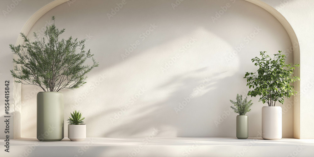 Fototapeta premium A white wall with a green archway and three potted plants