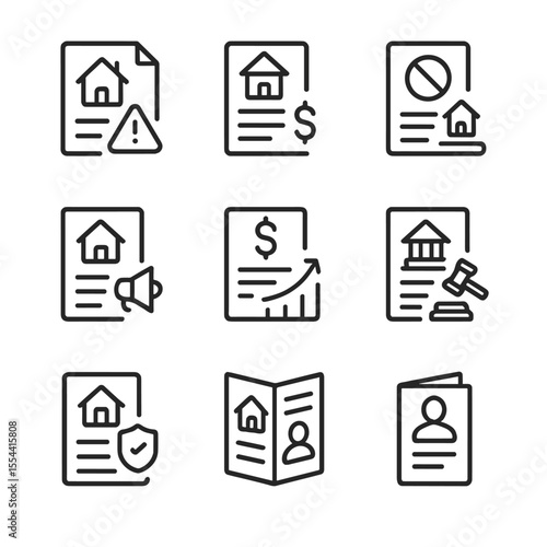 Foreclosure Icon Set. Outline icon set of Foreclosure and Default Notices: Notice of Default, foreclosure summary, lien