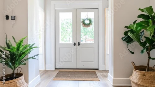 A bright, airy entryway with white walls, light-colored hardwood floors, and decorative baskets and plants