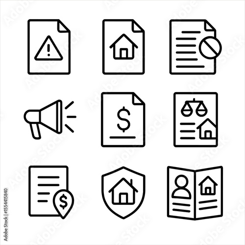 Foreclosure Icon Set. Outline icon set of Foreclosure and Default Notices: Notice of Default, foreclosure summary, lien