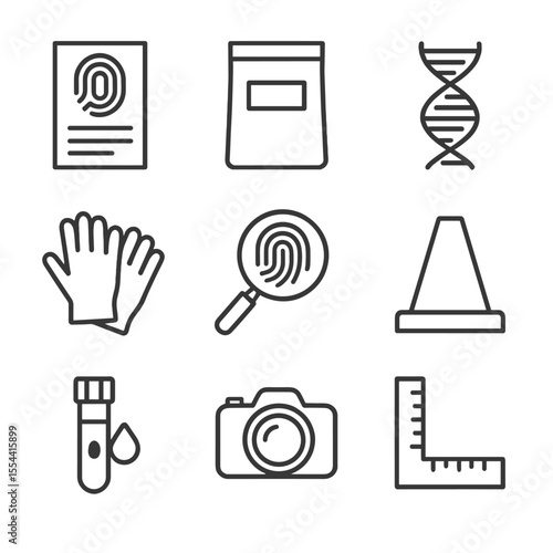 Forensic Evidence Icons. Outline icon set of forensic evidence gathering: fingerprint card, evidence baggie, DNA helix, magnifying