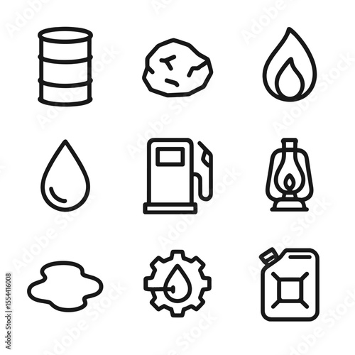 Fossil Fuel Icons. Outline icon set of fossil fuels: crude oil barrel, coal lump, natural gas flame, petroleum droplet, diesel