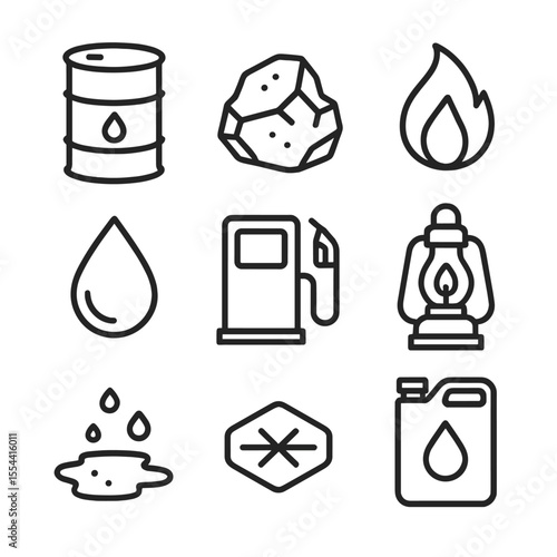 Fossil Fuel Icons. Outline icon set of fossil fuels: crude oil barrel, coal lump, natural gas flame, petroleum droplet, diesel
