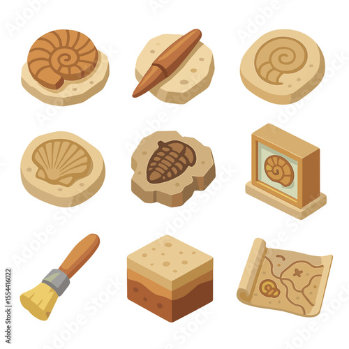 Fossil Icon Collection. Isometric Flat icon set of shell fossil discoveries: ammonite fossil, belemnite, gastropod imprint,