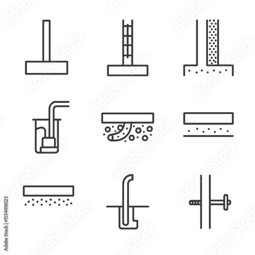 Foundation Icon Set. Outline icon set of Foundation and Basement Cutaway: concrete footing, reinforced wall, waterproof membrane,
