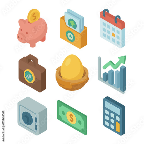Freelancer Retirement Icons. Isometric Flat icon set of retirement planning for freelancers: piggy bank, retirement fund, calendar