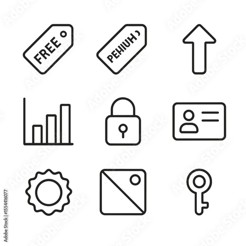 Freemium Pricing Icons. Outline icon set of Freemium Pricing Model: free tag, premium tag, upgrade arrow, basic plan chart,