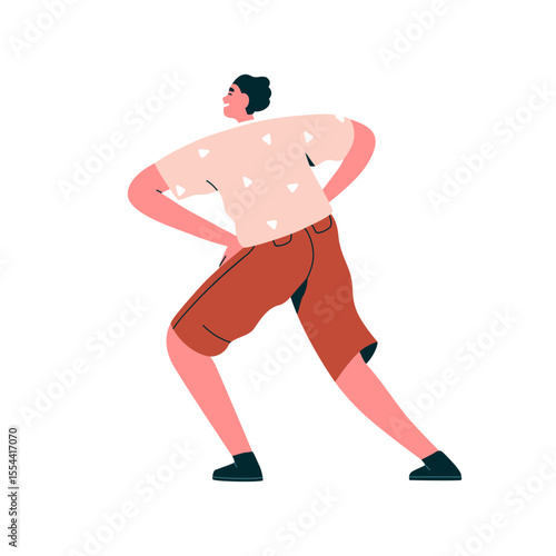 Man dancing from behind, back view. Joyful young male character with hands on...