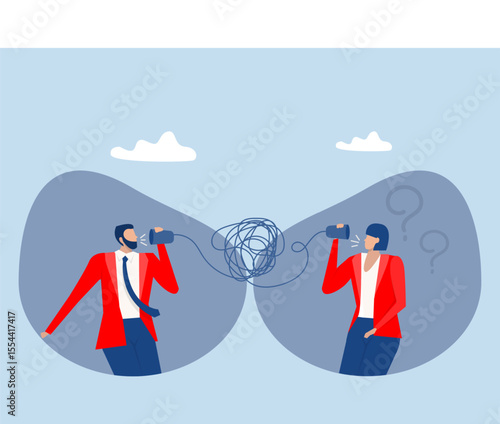 businesspeople talking through messy chaos, tangled phone line make other confused miscommunicate unclear message and informationBad communication concept vector