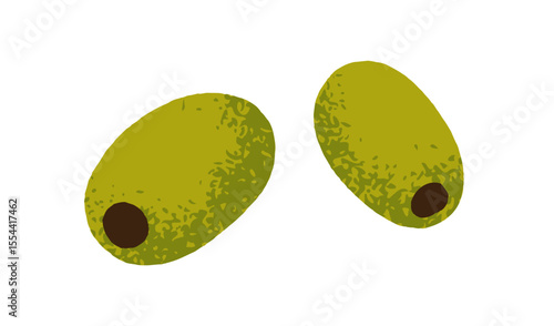 Green olive fruits. Pitted preserved Mediterranean snack for Italian and Greek cuisine. Healthy natural food, marinated oliva berries. Flat graphic vector illustration isolated on white background