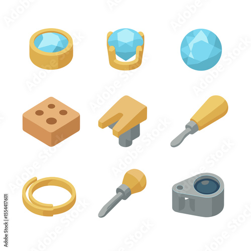 Gemstone Setting Methods Icons. Isometric Flat icon set of gemstone setting methods: bezel setting, prong setting, gemstone,