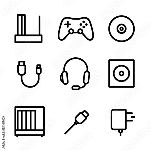 Gaming Console Icon Set. Outline icon set of Gaming Console Storage: console dock, controller, game disc, charging cable, headset,