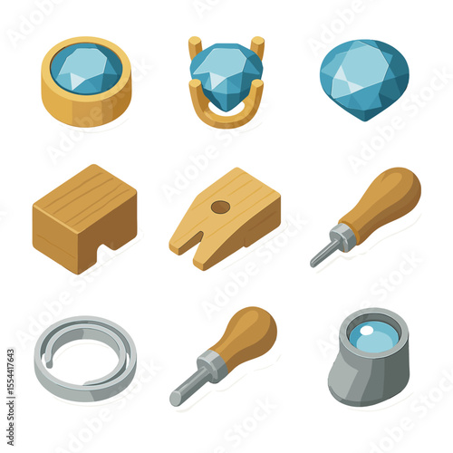 Gemstone Setting Methods Icons. Isometric Flat icon set of gemstone setting methods: bezel setting, prong setting, gemstone,
