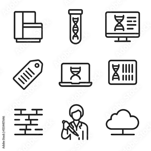 Genomic Sequencing Icons. Outline icon set of genomic sequencing: sequencer machine, DNA library tube, sequencing readout, barcode