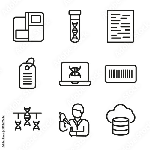 Genomic Sequencing Icons. Outline icon set of genomic sequencing: sequencer machine, DNA library tube, sequencing readout, barcode