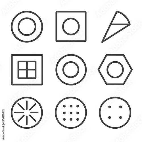Geometric Plating Icons. Outline icon set of Geometric Plating Styles: circular ring mold, square plate region, triangular wedge,