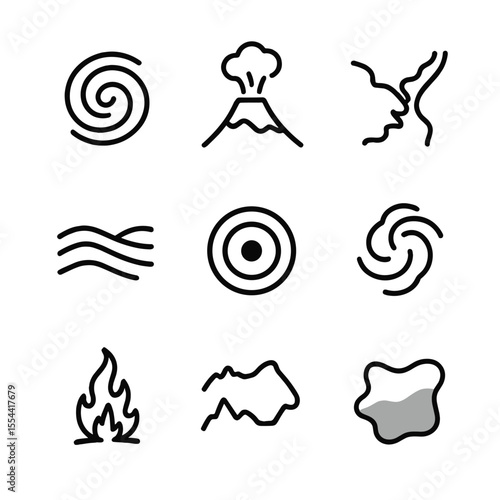 Geophysical Phenomena Icons. Outline icon set of geophysical phenomena from space: hurricane spiral, volcanic plume, river delta