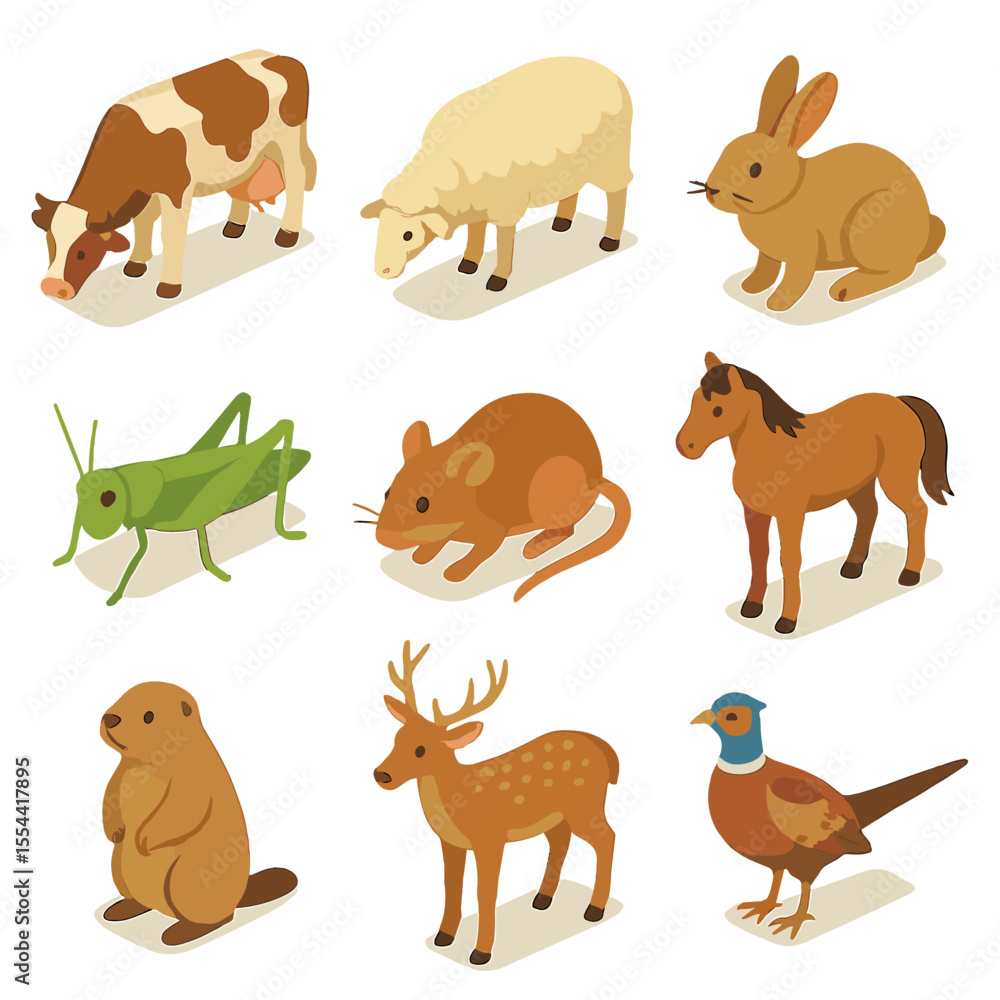 Fototapeta premium Grassland Animal Icons. Isometric Flat icon set of grassland animals: grazing cow, grazing sheep, meadow rabbit, grasshopper,
