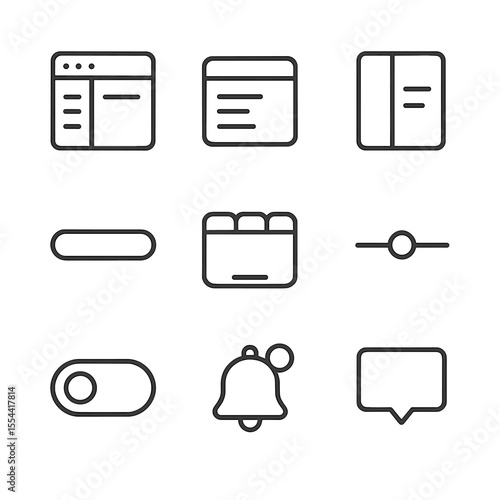 Gradient UI Icon Set. Outline icon set of gradient UI components: dashboard window, modal popup, sidebar menu, progress bar, tab