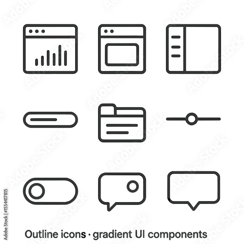 Gradient UI Icon Set. Outline icon set of gradient UI components: dashboard window, modal popup, sidebar menu, progress bar, tab