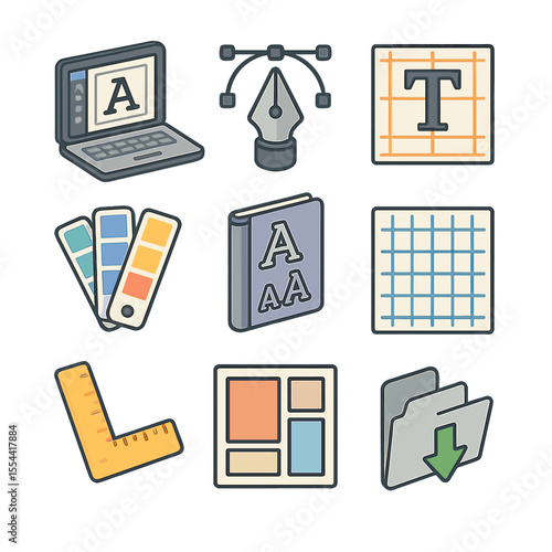 Graphic Design Icons. Isometric Flat icon set of graphic design and typography mastery: laptop monitor, vector pen tool,