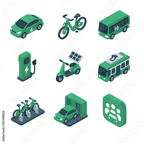 Green Transport Icons. Isometric Flat icon set of green transportation solutions: electric car, e-bike, hydrogen fuel cell bus,